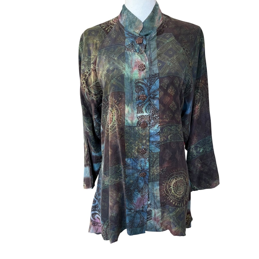 URU Silk Artisan‎ Batik Patchwork Tunic Top Mandarin Collar Ruffle Hem S/M